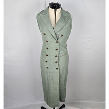 Katie MFG Dress Women's M Sage Green Double Breasted Long Length Sleeveless VTG
