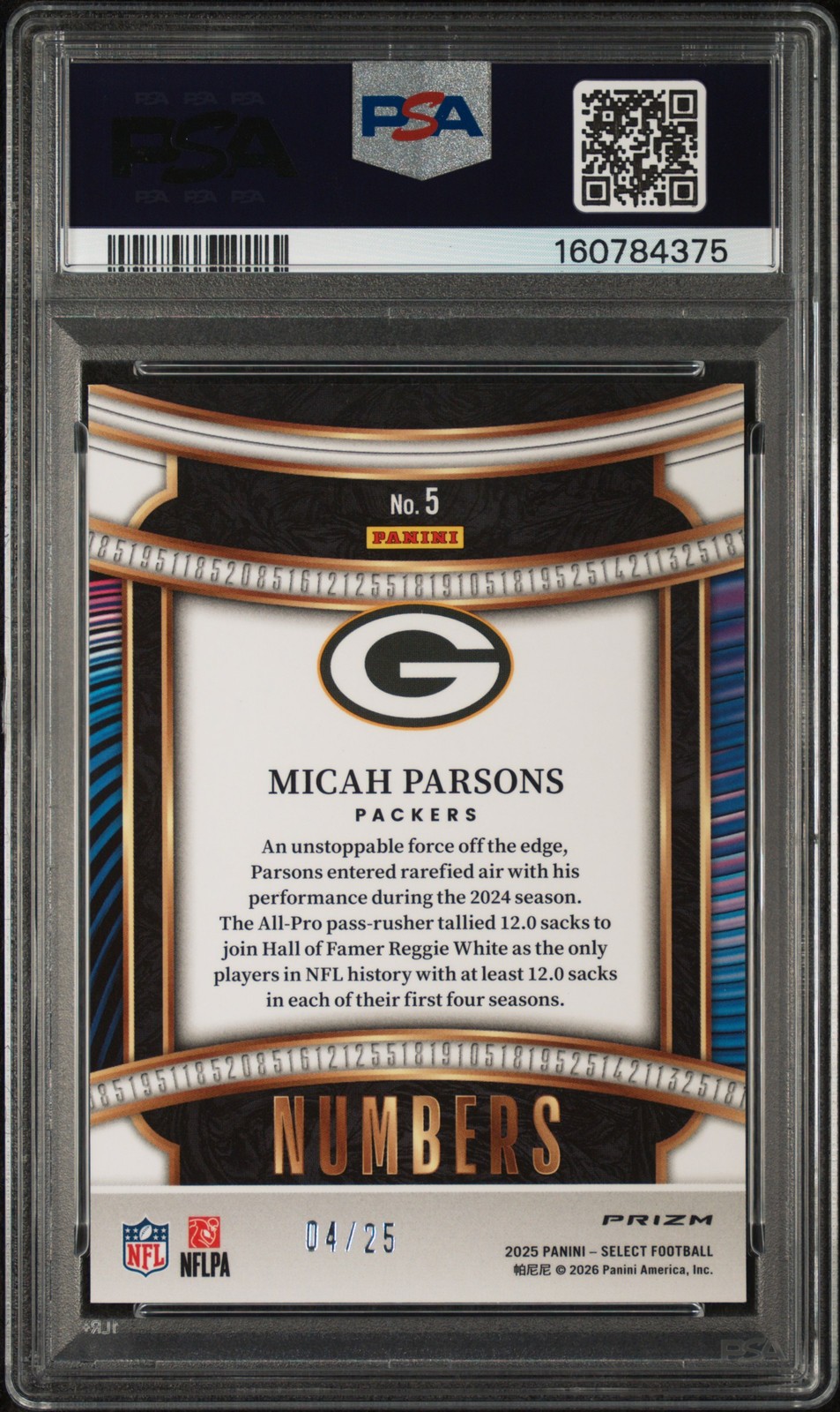 2025 PANINI SELECT SELECT NUMBERS TIE-DYE PRIZM #5 MICAH PARSONS 04/25 PSA 10 view 2