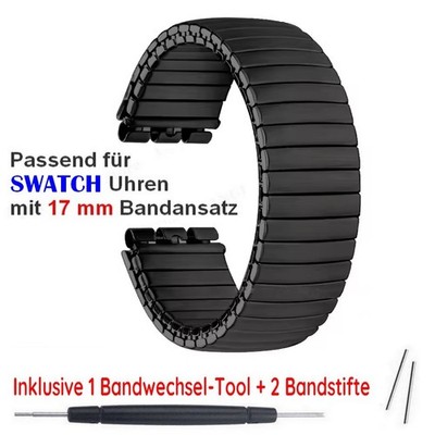 Für SWATCH Uhren: 17mm-Flex-Gliederarmband | Flexband | SCHWARZ-MATT | Edelstahl