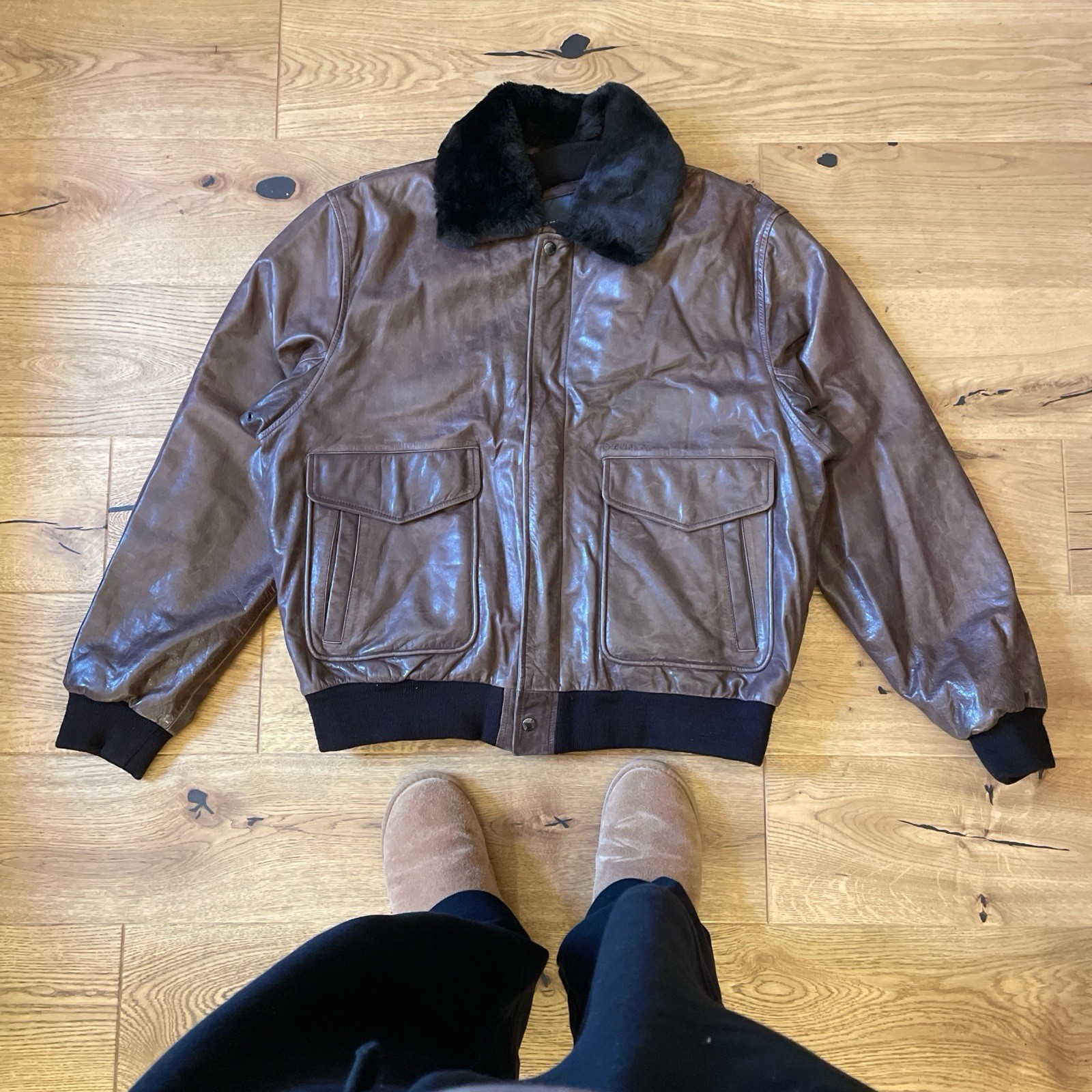Vintage Chevignon Leather Flight Jacket Bomber Rare 90s  size xxl fits Xl