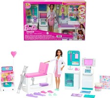 Barbie Fast Cast Clinic Juego, Muñeca Barbie Doctora Morena, 30+ Piezas de Juego, 4