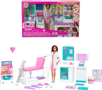 Barbie Fast Cast Clinic Playset, Brunette Barbie Doctor Doll, 30+ Play Pieces, 4