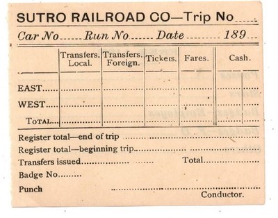 Original 1890er Ticket für die Sutro Railroad Company San Francisco CA