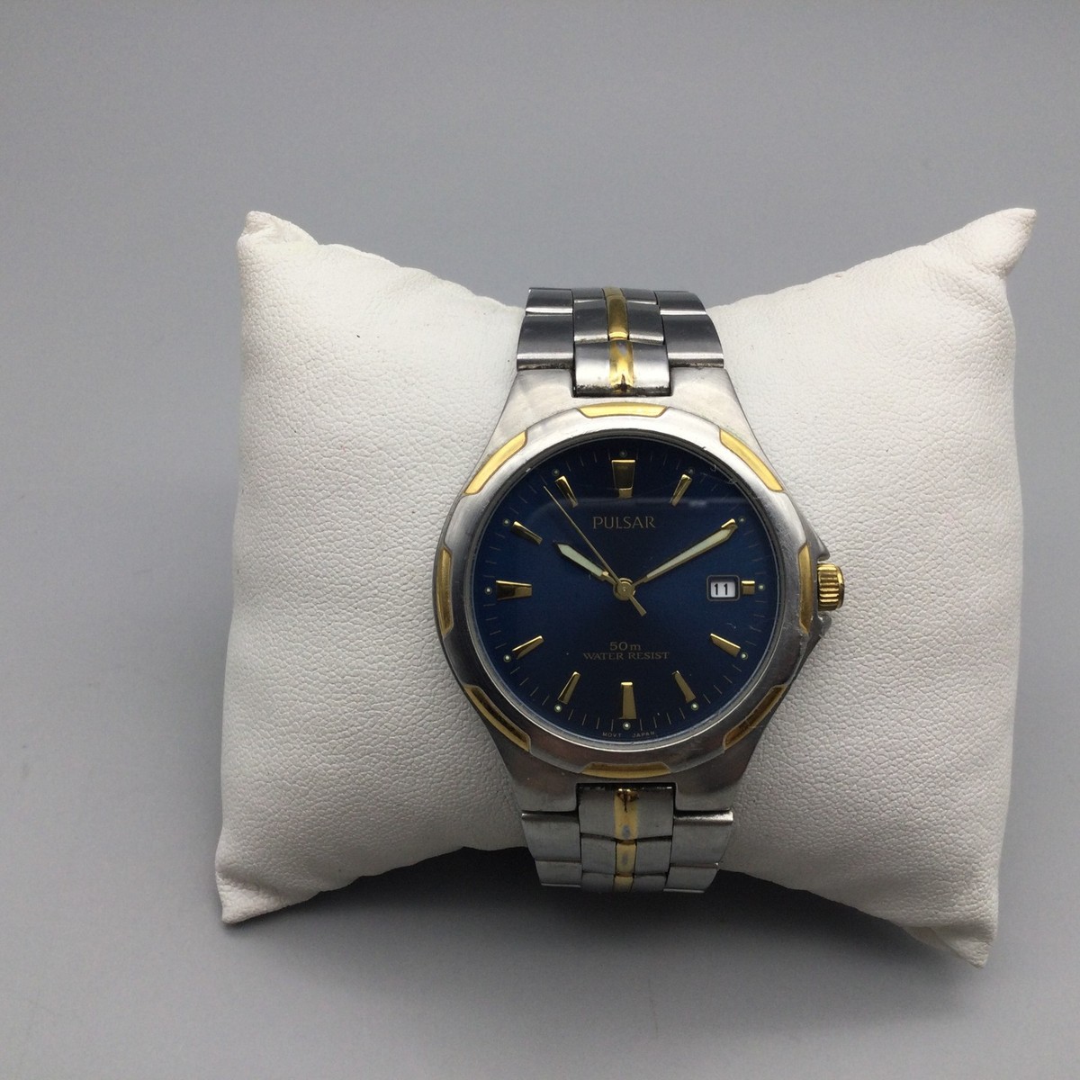 Pulsar Watch Mens 35mm Silver Gold Tone Blue Dial VX32-X238 Date