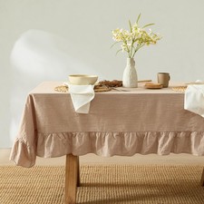 Ruffle Farmhouse Rustic Rectangle Natural Stonewashed Cotton Tablecloth for K...