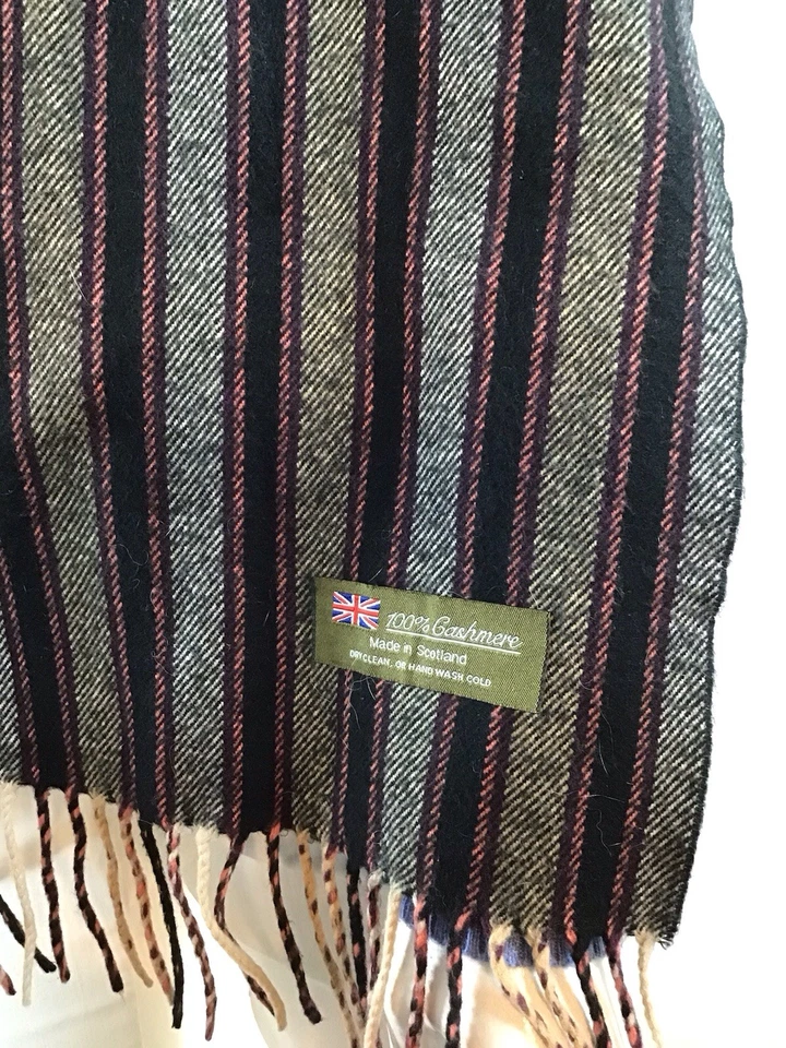 Bufanda 100 % cachemir hecha en Escocia negra/gris patrón de rayas mulvti Foto 4 de 4