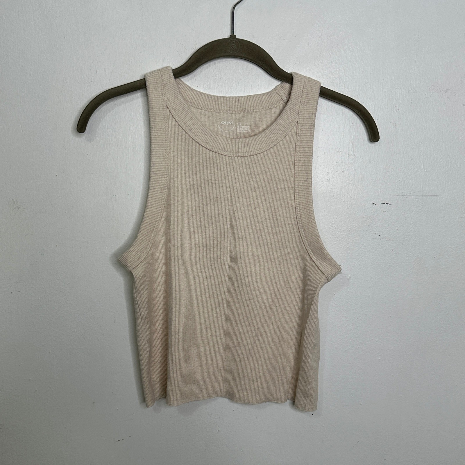 Aerie Ribbed High Neck Tank Top Beige Oatmeal Cropped Racerback Womens L