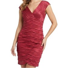 Adrianna Papell Cocktail Dress Womens 8 Red Tiered Ruffle Metallic Sheath Party