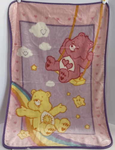 2008 Care Bears Fleece Blanket Love-a-Lot And Funshine Bear On Swing Rainbow