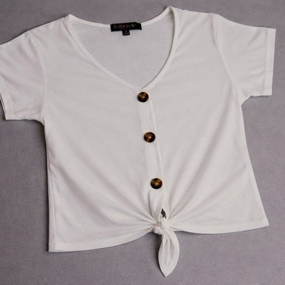 Full Circle Trends White Button Front Tie Hem Blouse Short Sleeve V-Neck