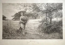 Lionel LECOUTEUX - Fin d'été, jeune femme dans les champs. 1890. Eau-forte