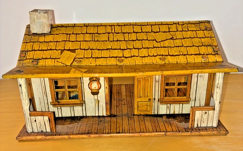 Vintage MARX  BAR-M-RANCH - Western Ranch Set Tin Toy Litho Cabin w/ Chimney