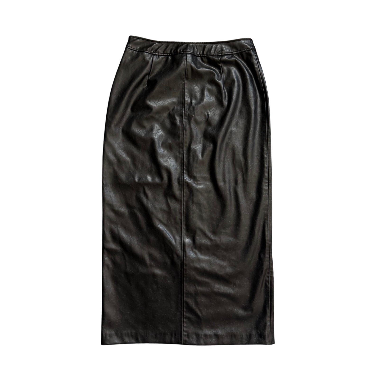Zara Black Faux Vegan Leather Midi Pencil Skirt High Waist Front Slit Sz Medium thumbnail 7