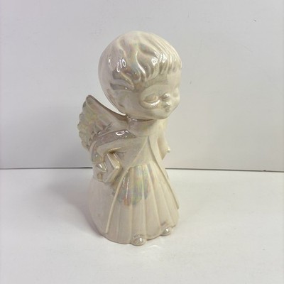 Vintage Christmas Kissing Angel Boy Figurine White Iridescent Ceramic