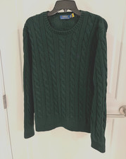 Polo Ralph Lauren Sweater Men's M Green Cable Knit Preppy Cotton Pullover EUC