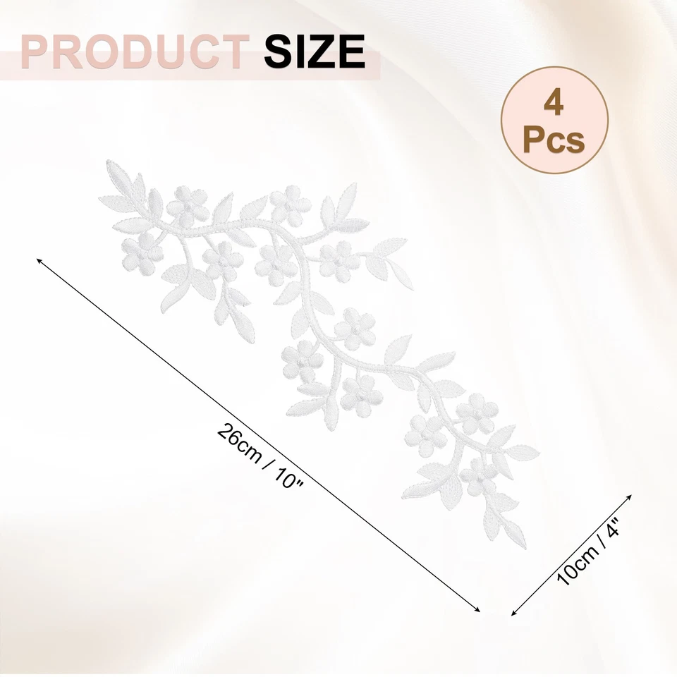 4 Piezas Parche Largo Flor Vid con Hoja, 10" x 4" Hierro en Parche Aplique, Blanco Foto 2 de 4