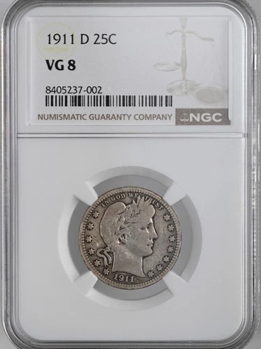 1911-D  25C  BARBER SILVER QUARTER  DENVER  NGC VG8  #8405237-002