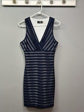 Guess Dress Womens 8 Navy Blue Sleeveless V-Neck Bodycon Mesh Stripe Side Zip