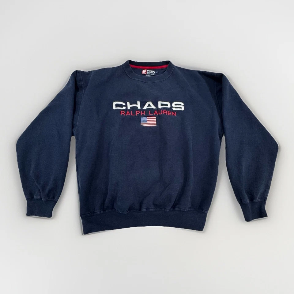 Sudadera Pullover Ralph Lauren Chaps Años 90 De Colección Para Hombre Grande Deletreada Bandera de EE. UU. Foto 2 de 4