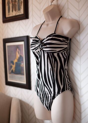 Vintage 1980s Women's Size S/M One Piece Swimsuit Zebra Animal Print Black White