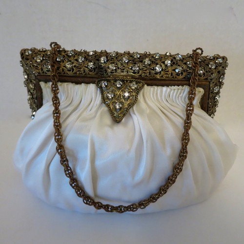 Vintage Antique Purse with Jewel Encrusted Frame Rhinestone White Satin - Picture 2 of 9