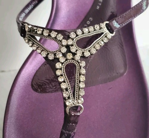 Vtg Kenneth Cole Purple Leather Rhinestone Thong Kitten Heel Sandal Sz 9-10 - Picture 7 of 16