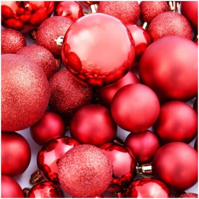 Set Di 70 Palline Di Natale In Plastica - 4/5/6 Cm, Infrangibili, Lucide/Opache/Glitter, Rosse, Con Anello Per Appendere, Per Albero E Decorazioni