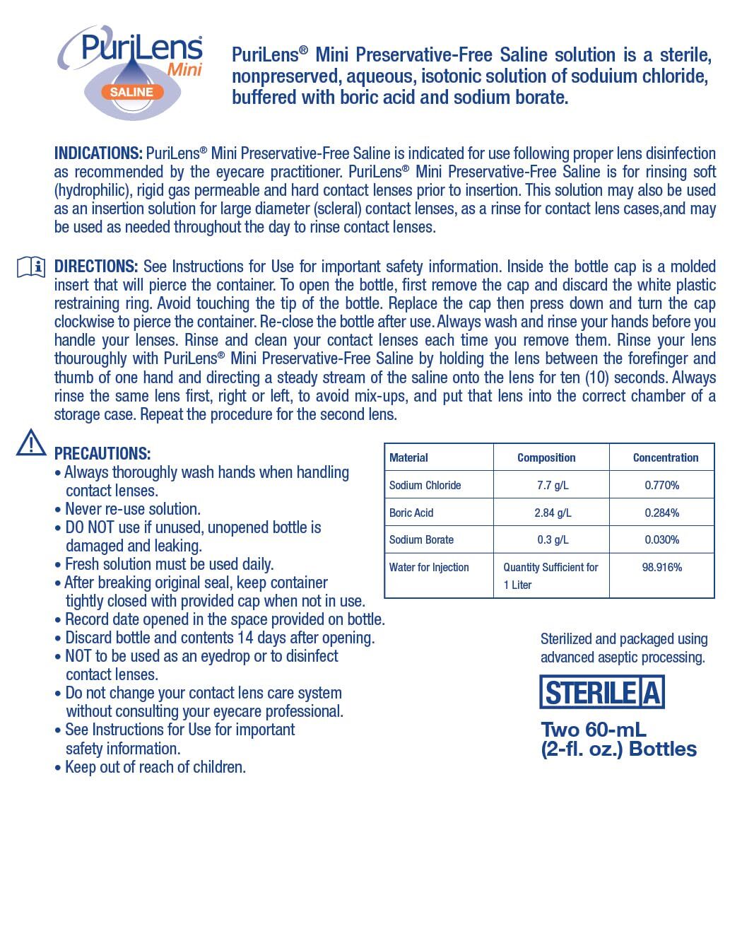 Mini Preservative-Free Lens Saline 60ml 2 fl. oz. 2 Pack