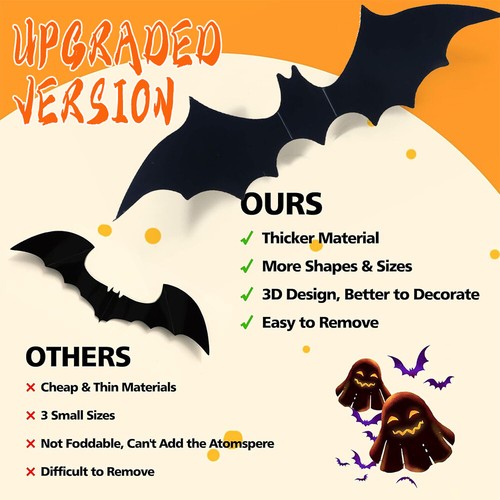 60Pcs Bats Halloween Decoration 4 Size PVC 3D DIY Scary Sticker Party Wall Decor - Picture 4 of 9