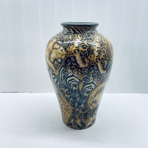 Vintage Porcelain Art Pottery Vase Animal Print Brown Black - Picture 2 of 9