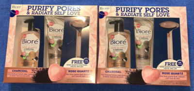 BIORE Rose Quartz Charcoal Cleanser Exfoliating Scrub Facial Roller NEW GIFT SET