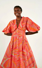 NWT ANTHROPOLOGIE FARM RIO SzS BRIGHT FOREST PUFF SHORT SLEEVE MIDI DRESS ORANGE