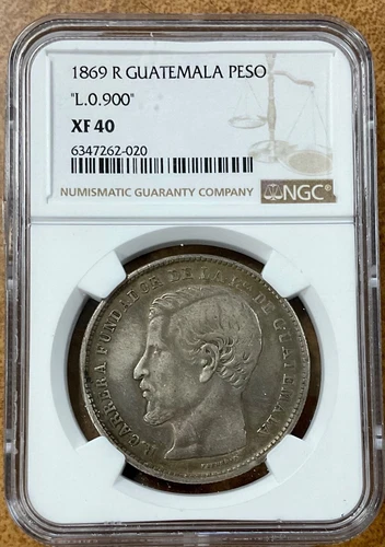 Guatemala 1869 R Peso- L Before 0.900 Silver  KM#190.1  NGC XF40