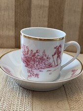 Lattina e piattino caffè rosa/bianco porcellana De Limoges Francia decorazione transfer