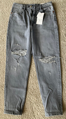 Zara Classic Mom Fit Light Gray Distressed Jeans Size 6 NWT