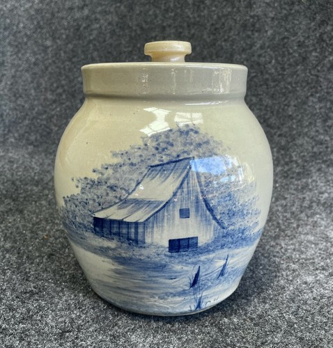 8” Cobalt Blue Stoneware Barn Countryside Scene Paul Storie Pottery Lidded Crock