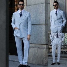Men Light Blue Suit Peak Lapel Jacket Double Breasted Wedding Party Business