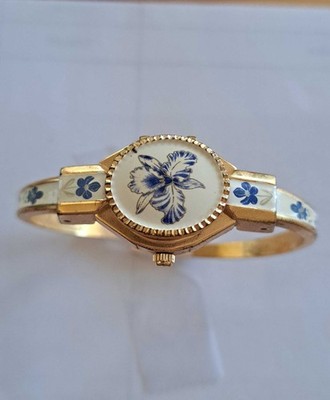 Vintage Andre Mouche Swiss-made Peek a Boo Watch-Blue Orchid Floral Enamel Gold