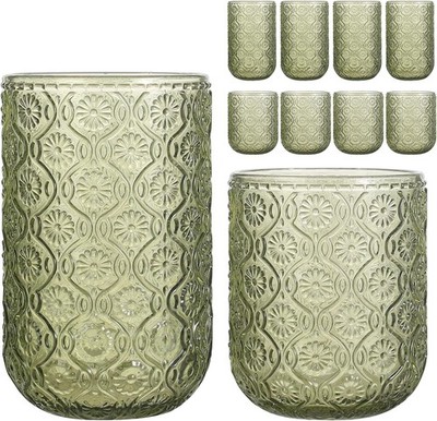 Set of 8 Vintage Embossed Glassware,4 Highball Glasses 14oz & 4 Rocks Drinking
