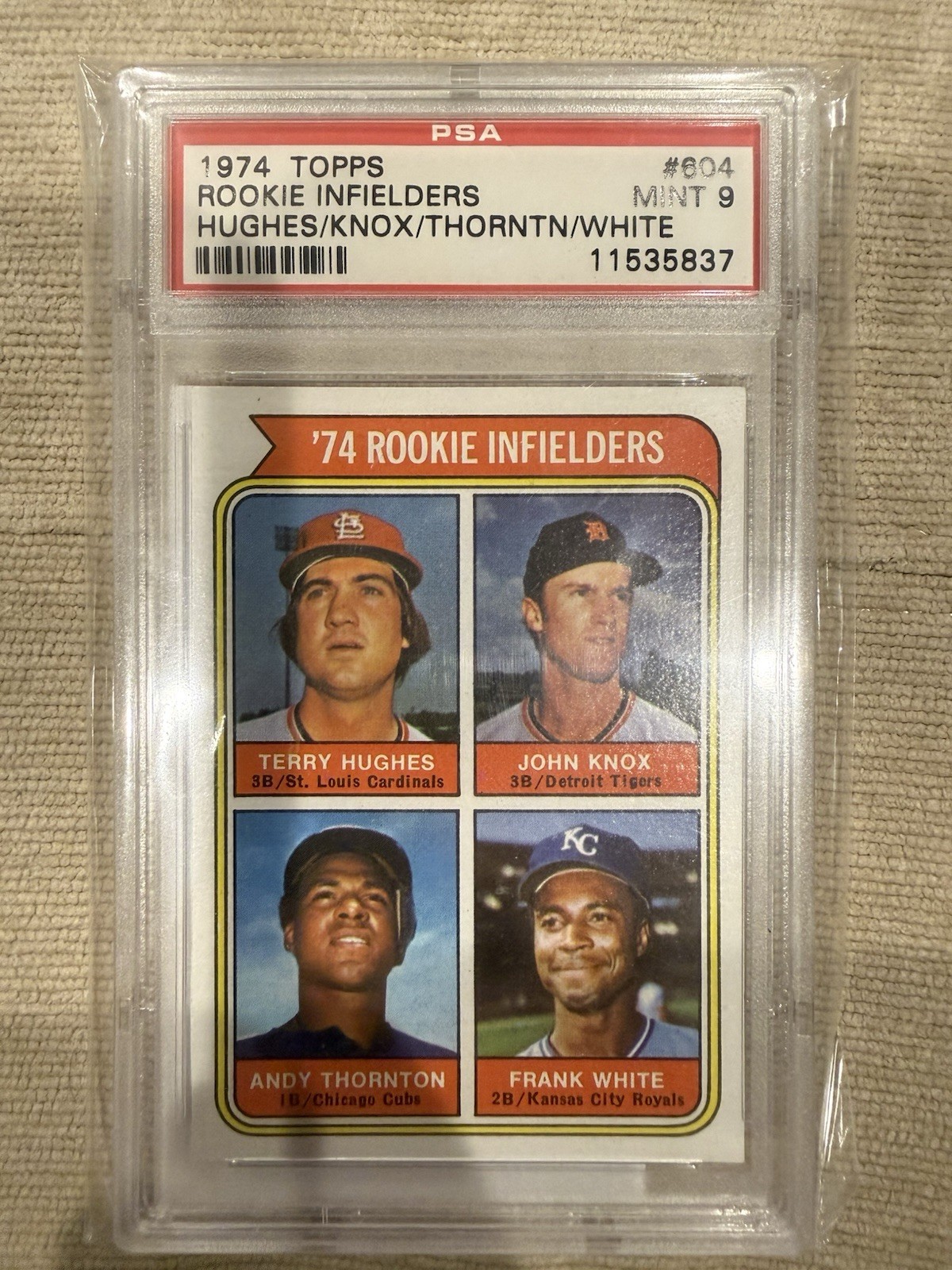 1974 Topps #604 Rookie Infielders Terry Hughes Frank White RC PSA 9