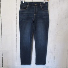 Betabrand Jeans L Blue Pull On High Rise Straight Leg Dark Wash Distressed