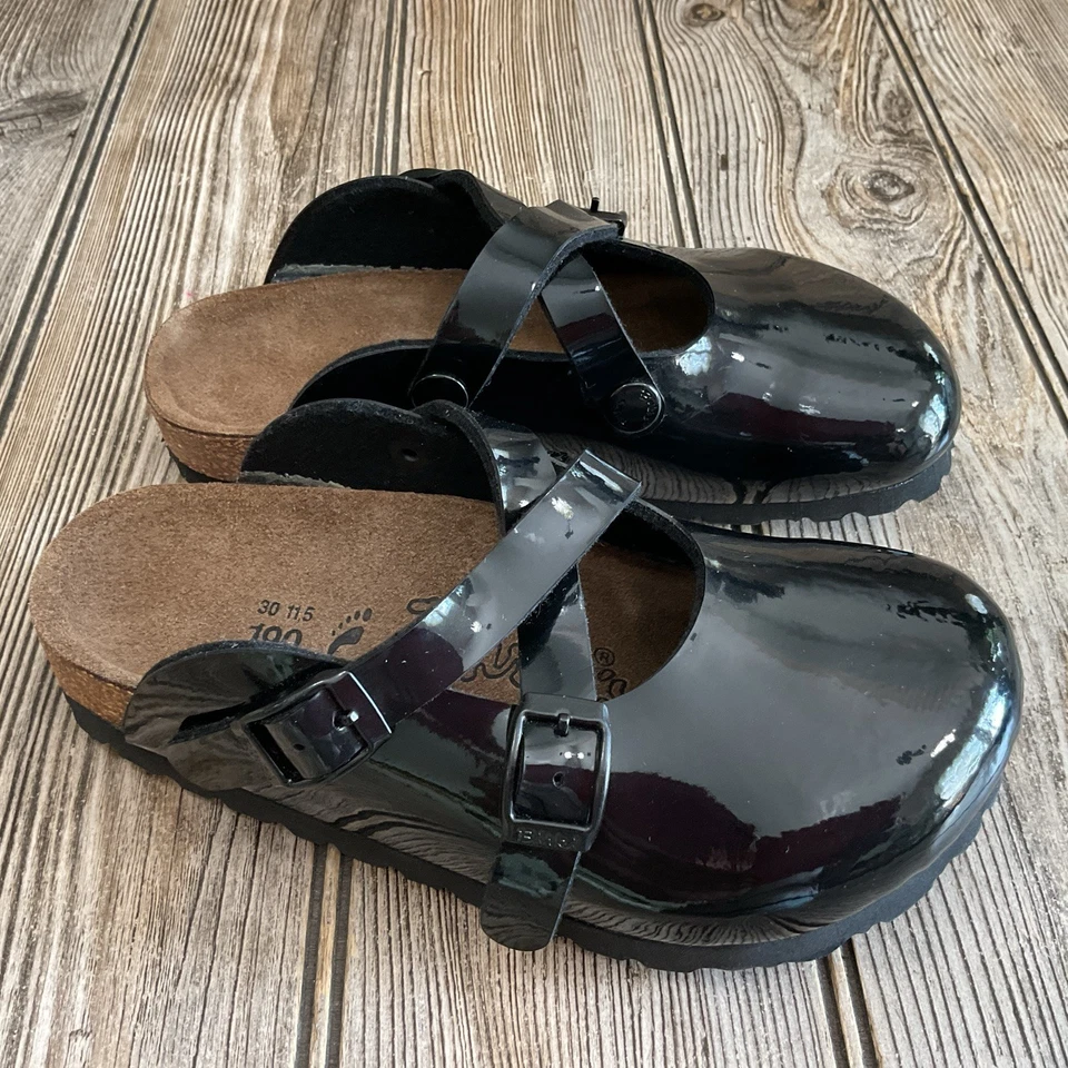 Zuecos Birkenstock Birki’s Boston Slide charol cuero negro niños niñas talla C12 Foto 2 de 4