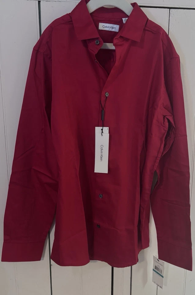 Camisa Calvin Klein Calce Moderno Rojo Oscuro Satén Manga Larga Jóvenes Niños 16 Foto 2 de 3