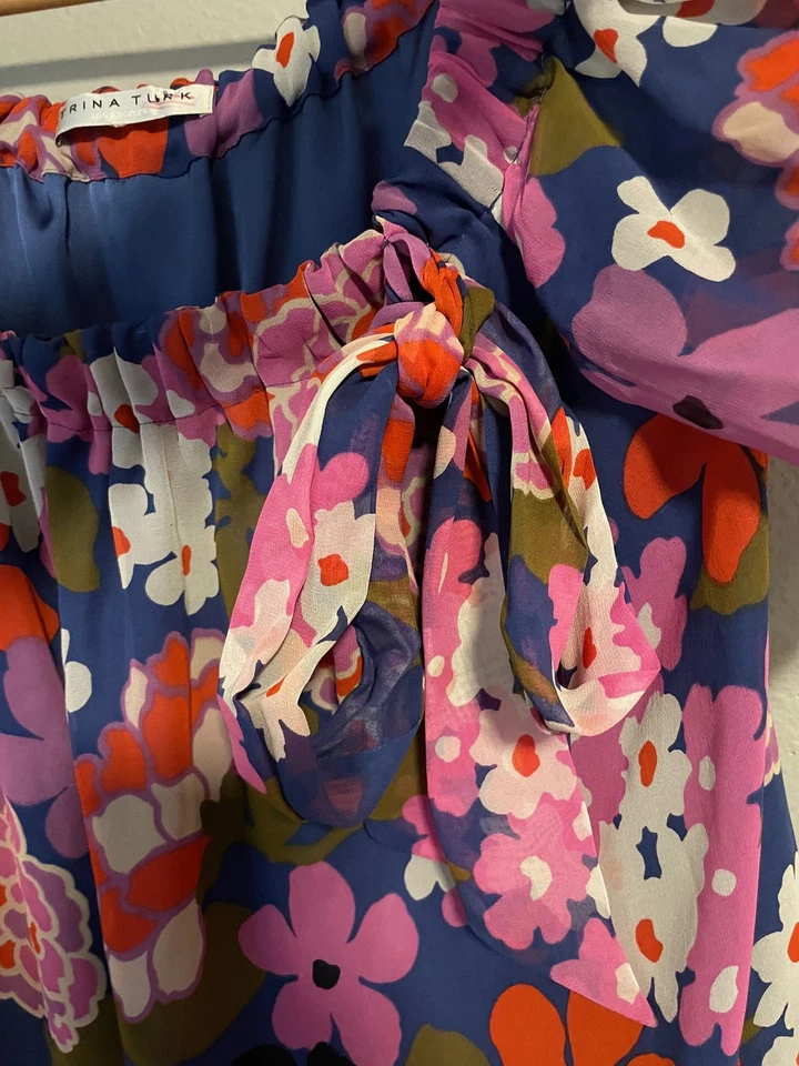 Trina Turk Blouse Womens Medium Blue Pink Floral Silk Off Shoulder Top READ - Image 3 of 4