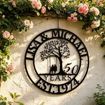 Personalized 50th Anniversary Metal Sign, Couple Tree Swing Wall Art
