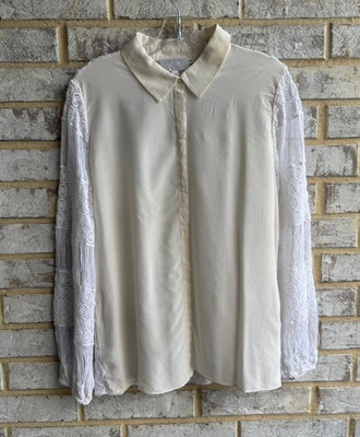 ALEXIS Cotton Crochet Lace Long Sleeve 100% Silk Button Up Blouse Women's Size L