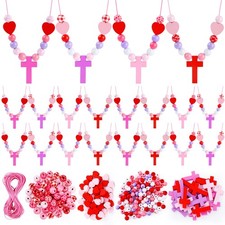32 Sets Valentine's day Wooden Cross Beads Necklace Craft Kit - DIY Religious...