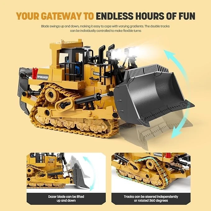 Bulldozer RC de metal de 9 canales - Control remoto realista niños construcción jugar T Foto 4 de 4