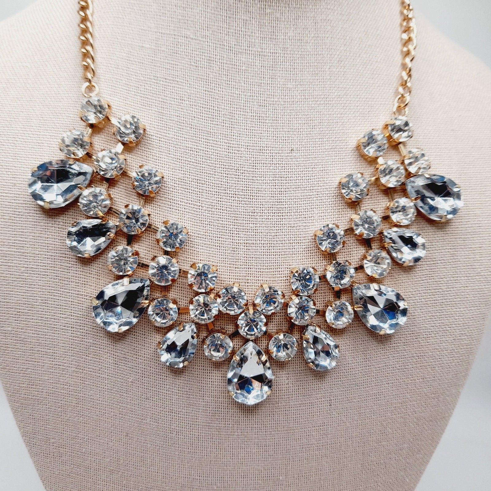 Clear Rhinestone Gold Tone Statement Necklace Bri… - image 2