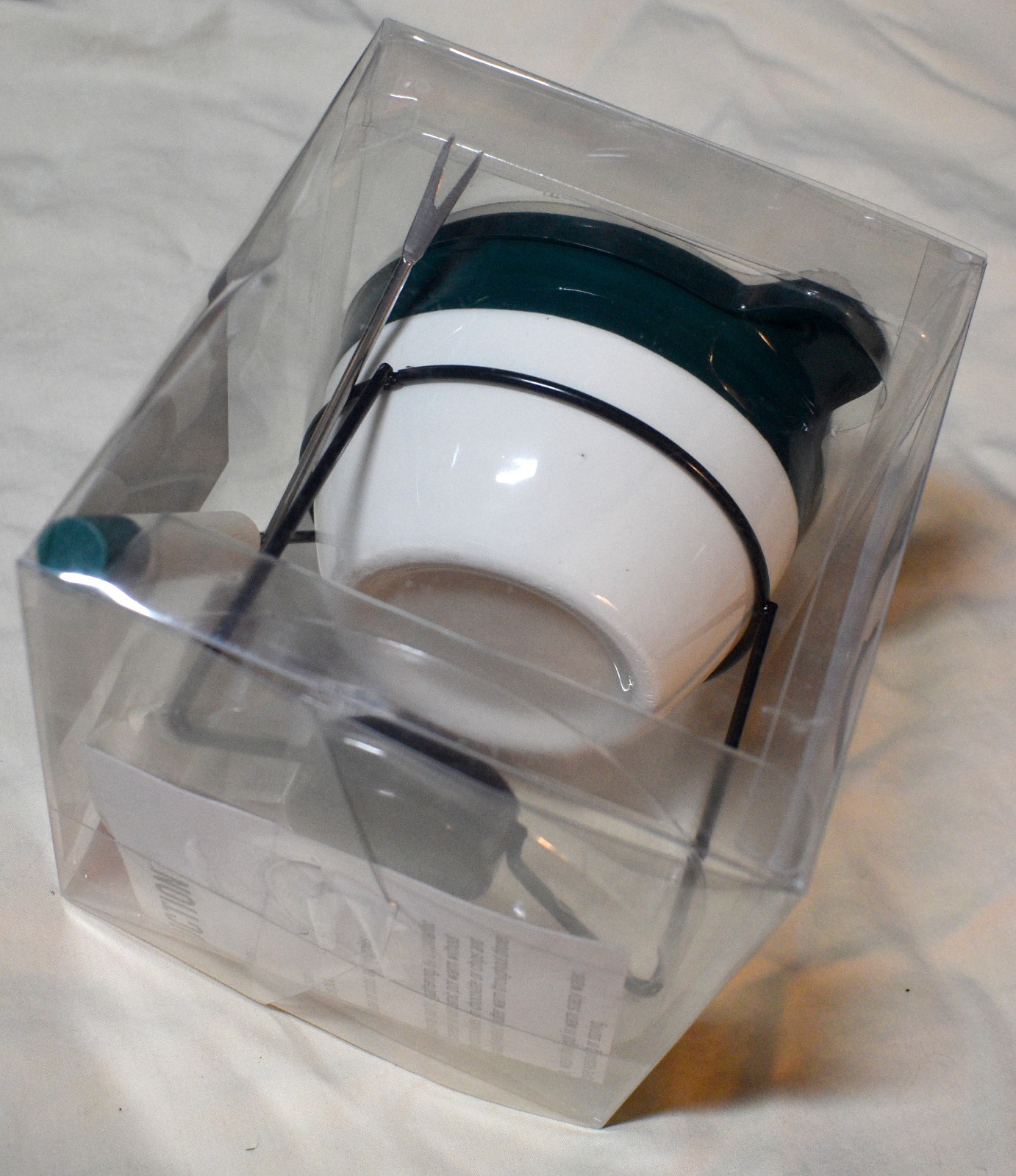 ANKYO Brand Mini Fondue Set-4 Piece-Green/White-Ceramic Pot/Holder-2 Forks NIB